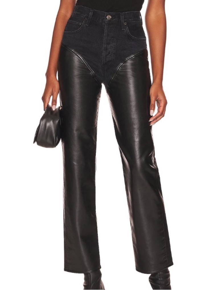 Agolde Harley Denim And Leather Panel High Rise Straight Leg Jeans Black Size 31